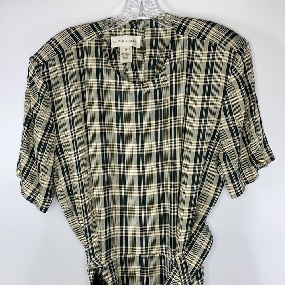 Casual Corner Vintage Green Cream Midi Scoop Neck Belted Dress - Picture 9 of 11